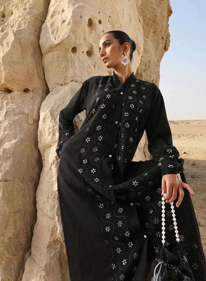 ISHIN Black Floral Laser Cut Abaya with Hijab